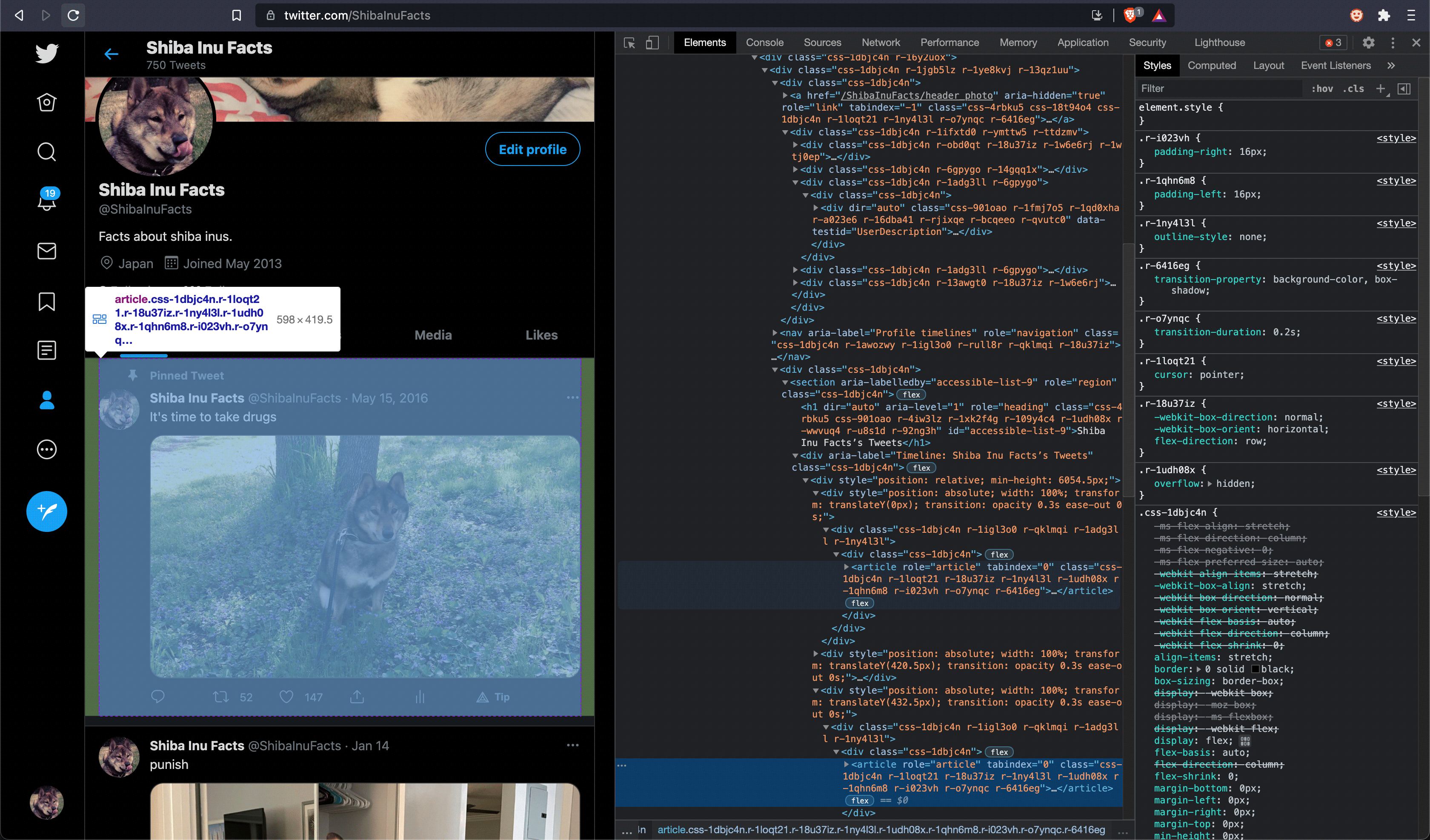 Screenshot of Twitter profile and JavaScript console